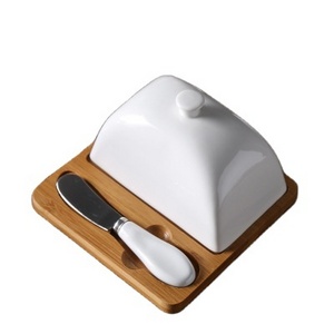 Creative Butter Plate Set Bamboo plate with ceramic cover Butter knife butter plate Western cheese box set