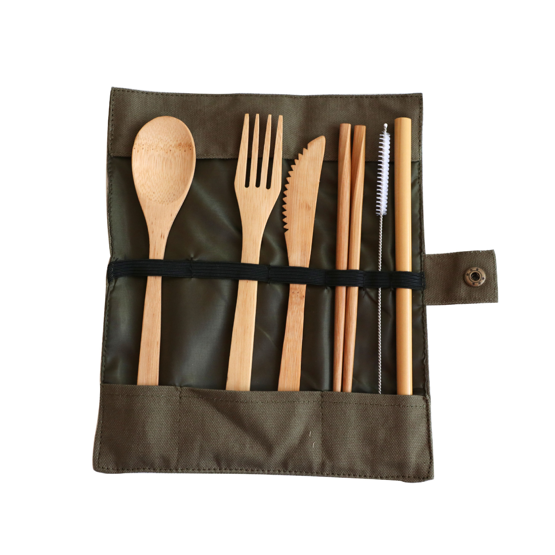 Ecofriendly bamboo spoon fork chopsticks knife straw brush pouch dinner cutlery set