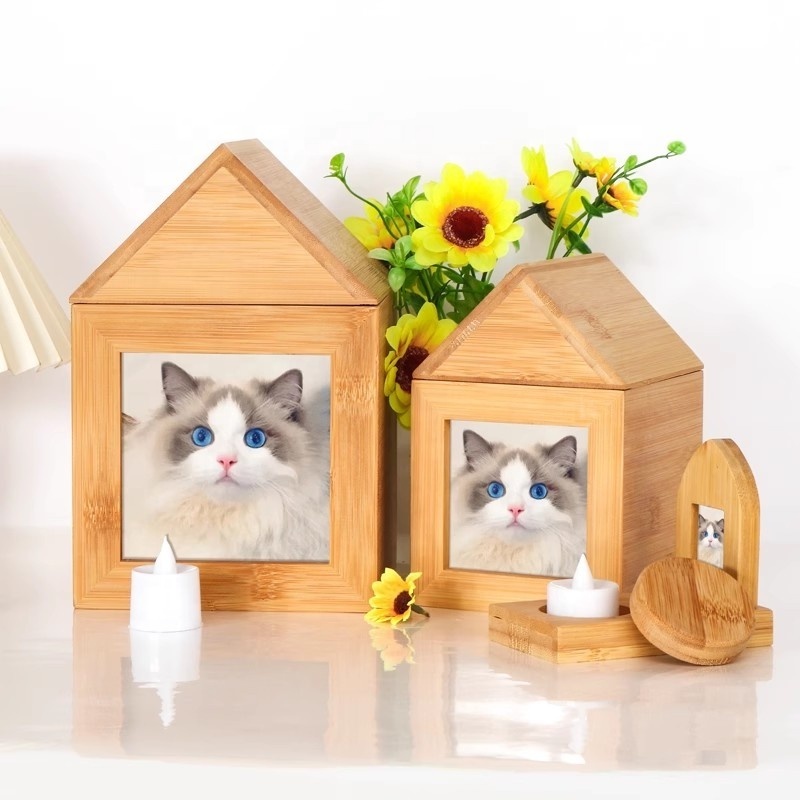 house shape bamboo wood dog/cat urn box ,small wooden memory gift box with candle holder