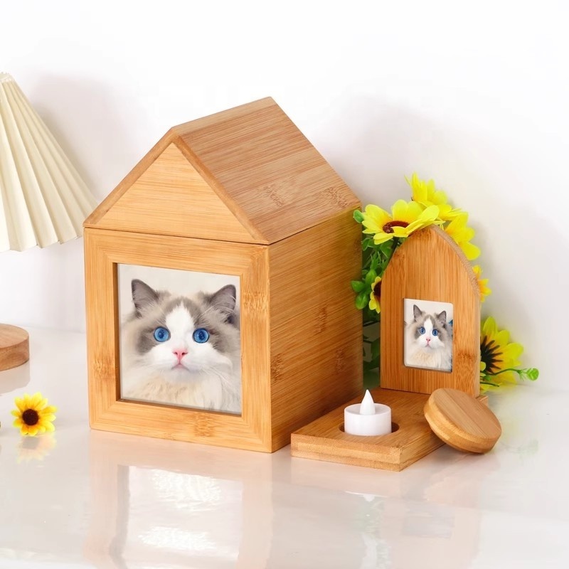 house shape bamboo wood dog/cat urn box ,small wooden memory gift box with candle holder