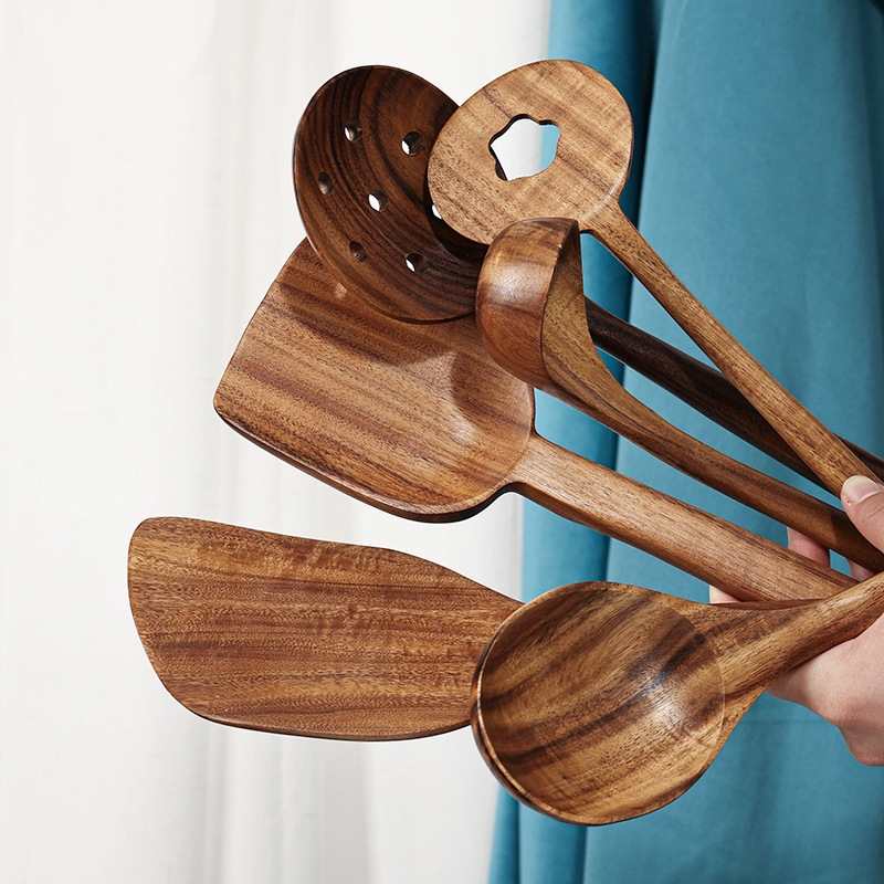 Wholesale Custom Teak Non-Stick Wooden Spatula and Soup Spoon Set Kitchen Utensils