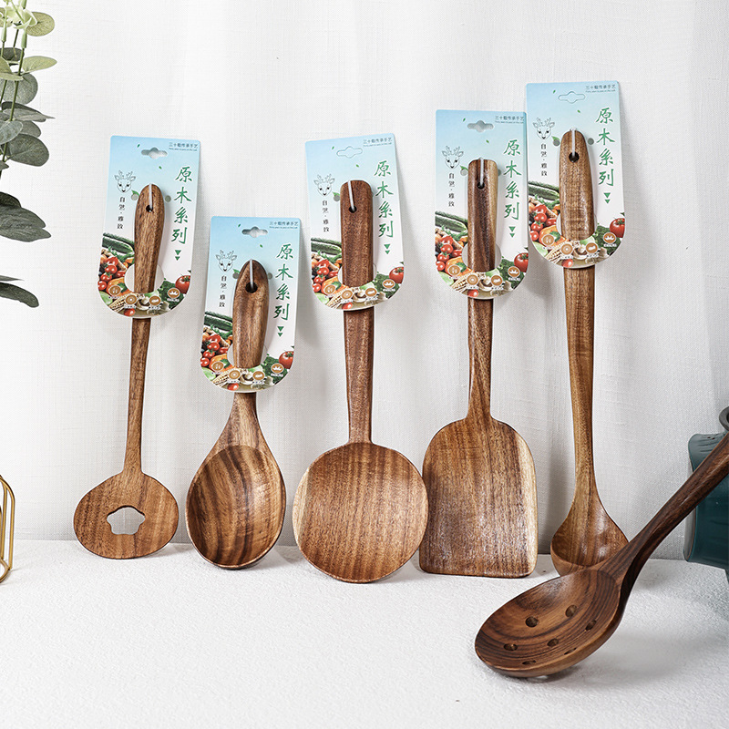 Wholesale Custom Teak Non-Stick Wooden Spatula and Soup Spoon Set Kitchen Utensils