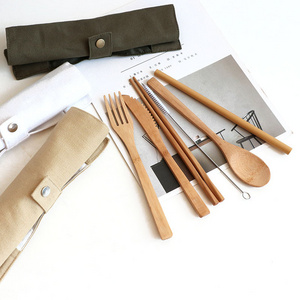 Ecofriendly bamboo spoon fork chopsticks knife straw brush pouch dinner cutlery set