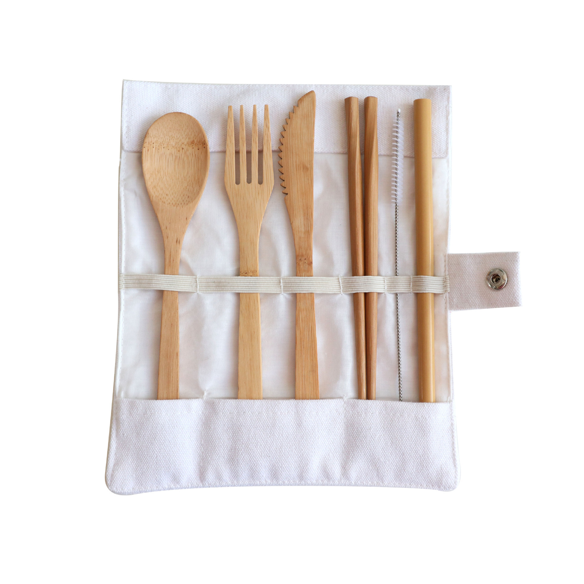 Ecofriendly bamboo spoon fork chopsticks knife straw brush pouch dinner cutlery set