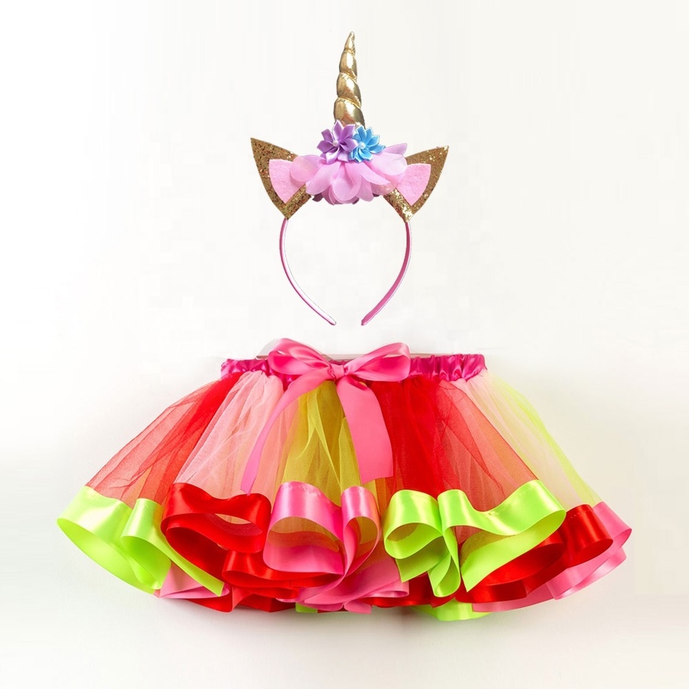 Popular New Arrival Colourful Princess Dance Gauze Tutu Skirts With Ribbon Bow Unicorn Hair Band 2pcs/set