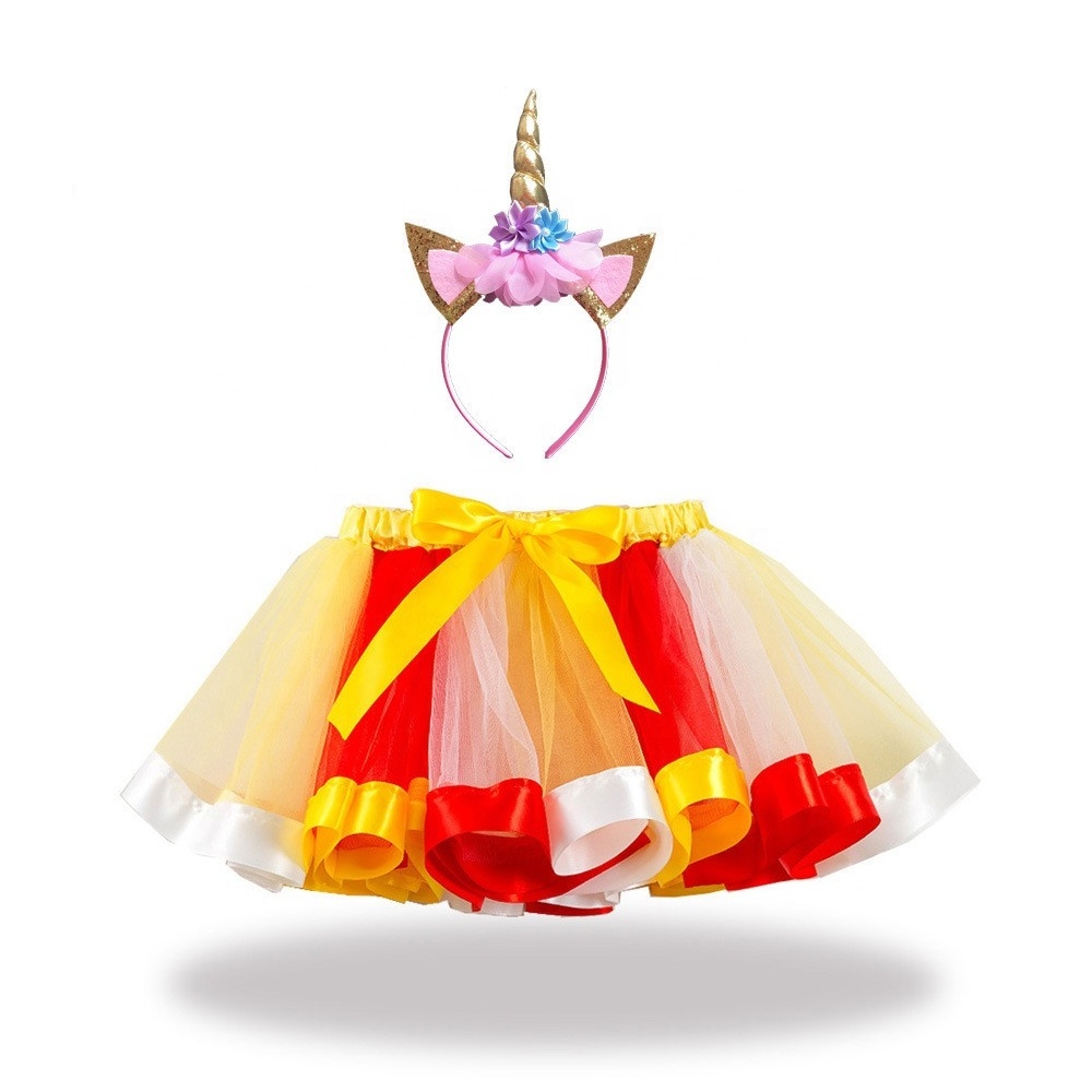 Popular New Arrival Colourful Princess Dance Gauze Tutu Skirts With Ribbon Bow Unicorn Hair Band 2pcs/set