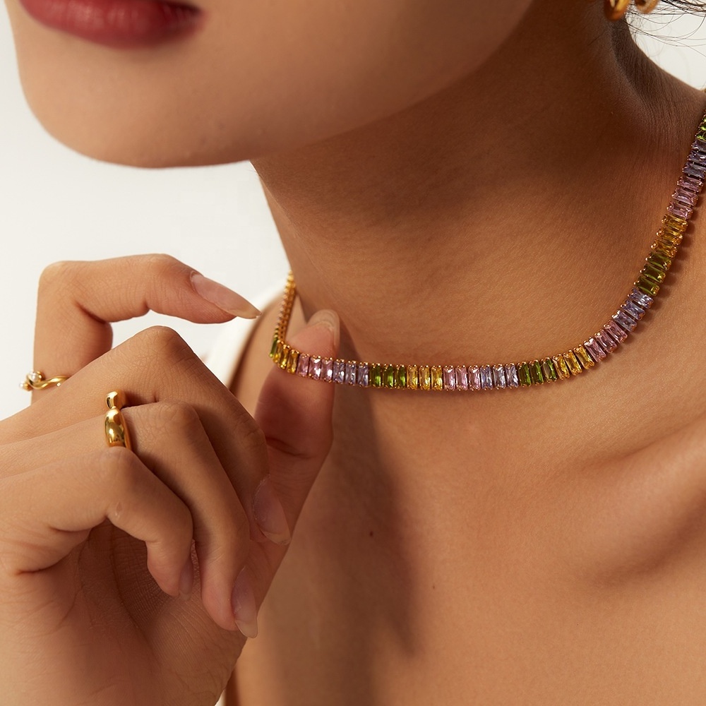 Classic 18K Gold Stainless Steel Choker Necklace Colorful Full Baguette Diamond Chain Tennis Necklace