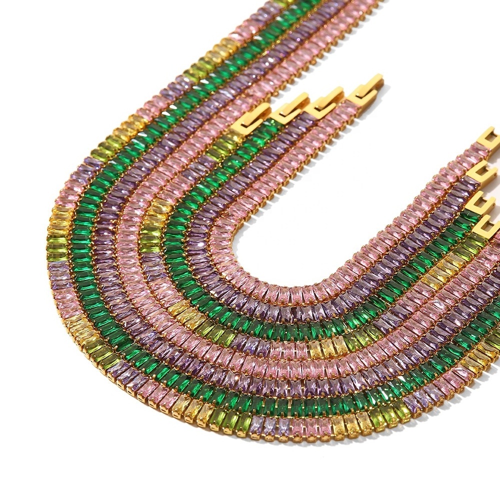 Classic 18K Gold Stainless Steel Choker Necklace Colorful Full Baguette Diamond Chain Tennis Necklace