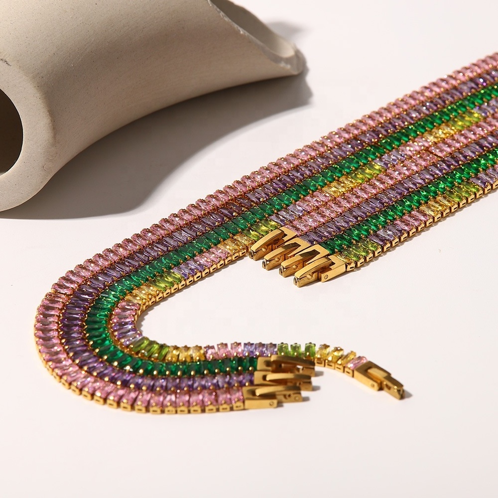 Classic 18K Gold Stainless Steel Choker Necklace Colorful Full Baguette Diamond Chain Tennis Necklace