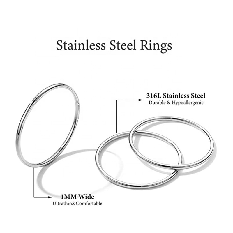 Minimalist Stackable 1mm 316L Stainless Steel Tail Rings Glossy Plain Thin Couple Rings