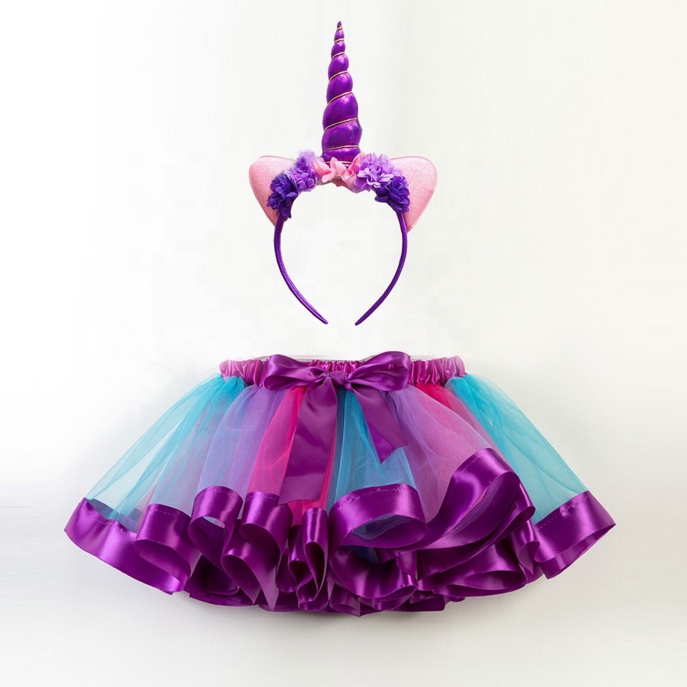 Popular New Arrival Colourful Princess Dance Gauze Tutu Skirts With Ribbon Bow Unicorn Hair Band 2pcs/set