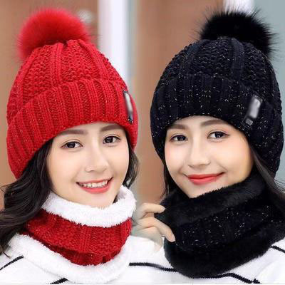 Winter Women Warm Knitted Scarf Hat Set Hats and Scarves for Women Sets Adult Plush Winter Cap Solid Female Embossed See Images