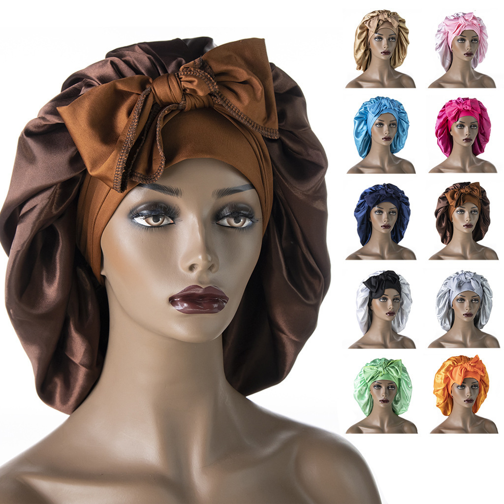 Wholesale Hot Selling Silk Bonnets With Long Ties Designer Logo Silk Double Layered Silk Bonnets