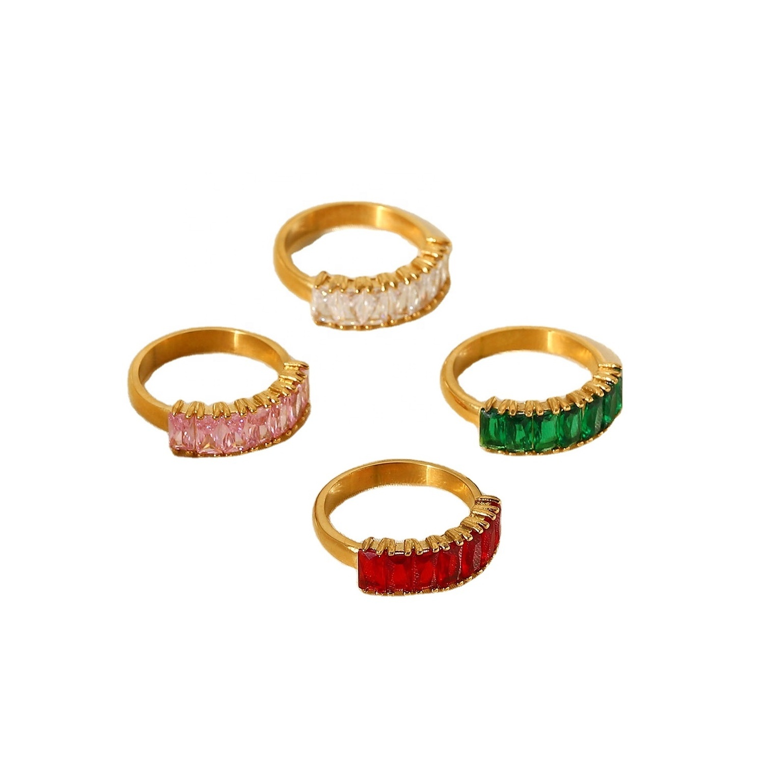 18K Gold Plated Stainless Steel Semi Circle Charm Colorful Cubic Zirconia Chunky Rings for Women