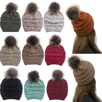 Wholesale Winter Beanie Hats Knitted Warm Women Girl 's Ponytail Beanie Fur Ball Cap Knitted Hat