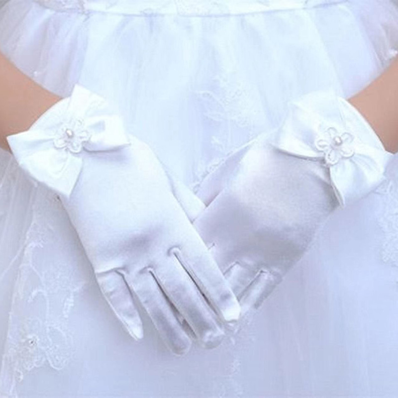 Bridal gloves white wedding satin gloves thin bow full finger dress photo accessories small girls gloves