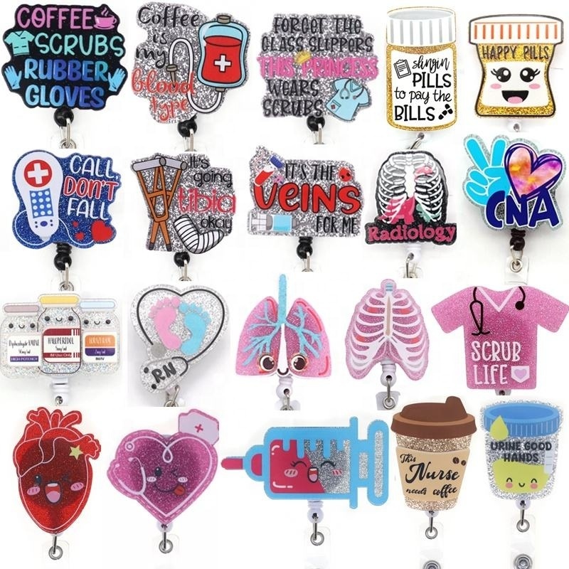 Plastic Glitter Badge Reel Clip Nurse Accessories Medical Field ID Card Holder Badge Holder Retractable Badge Reel