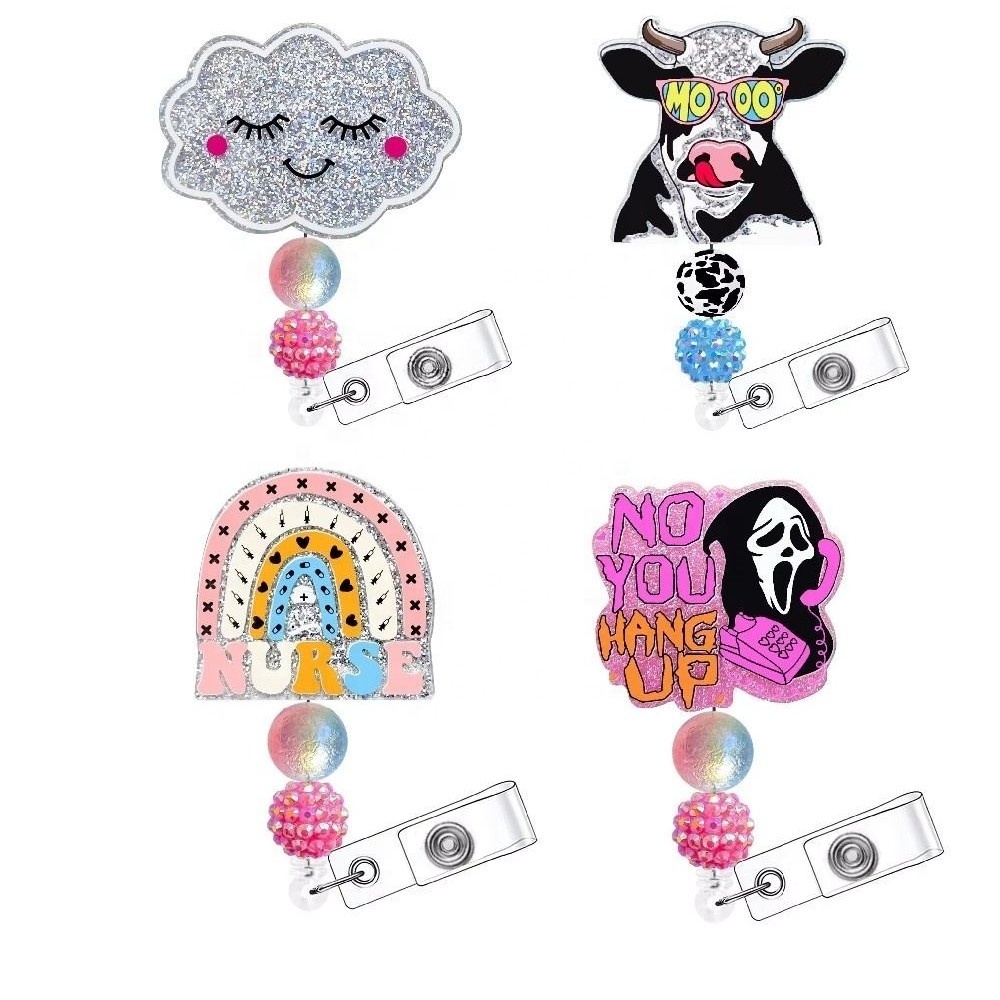 Shining Glitter Acrylic Bead Nurse Accessories ID Card Name Holder Retractable Badge Reel Badge Holder with Swivel Clip