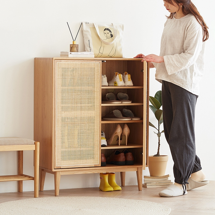 Oak wood large capacity wooden shoe organizer racks storage cabinet with rattan doors