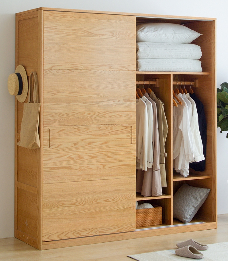 Modern bedroom oak wood clothes storage closet sliding door armoire wardrobes