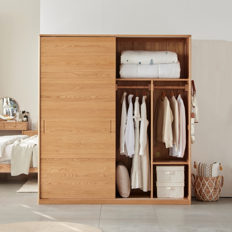 Modern bedroom oak wood clothes storage closet sliding door armoire wardrobes