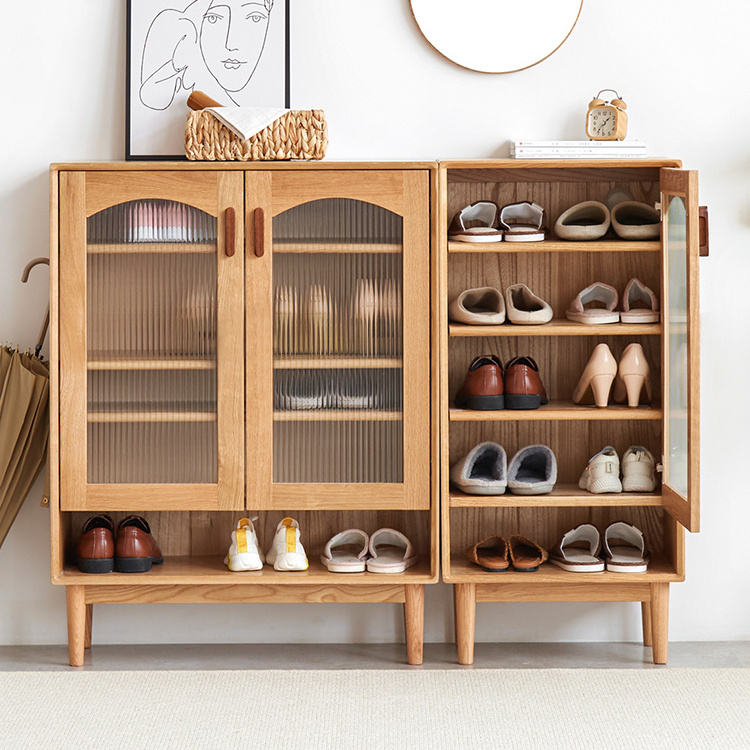 Living room entry doorway oak wood shoes storage cabinets with glass door