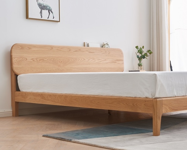 E7012 Nordic style solid OAK wood bedroom furniture with wooden headboard Queen&King size bed frame