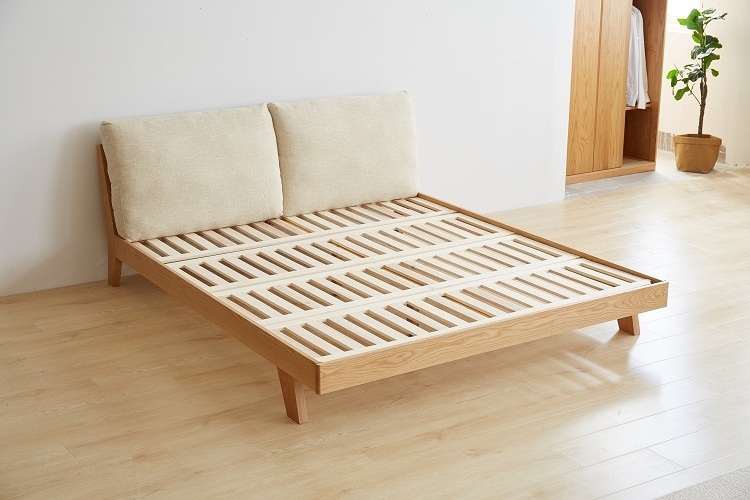 B4018 Nordic style solid OAK wood bedroom furniture with upholstered back king and queen bed frame