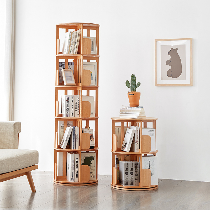 E7172 Round open modern 2/5 layer Beech wood 360 rotating swivel kids book shelf bookshelf bookcases