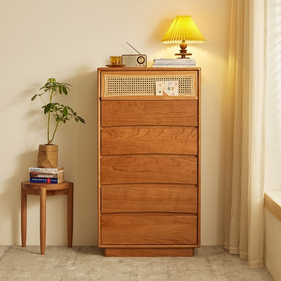 L9031  Cherry wood bedroom living room storage cabinet with 6 drawers organizer furniture rattan  chest of drawer