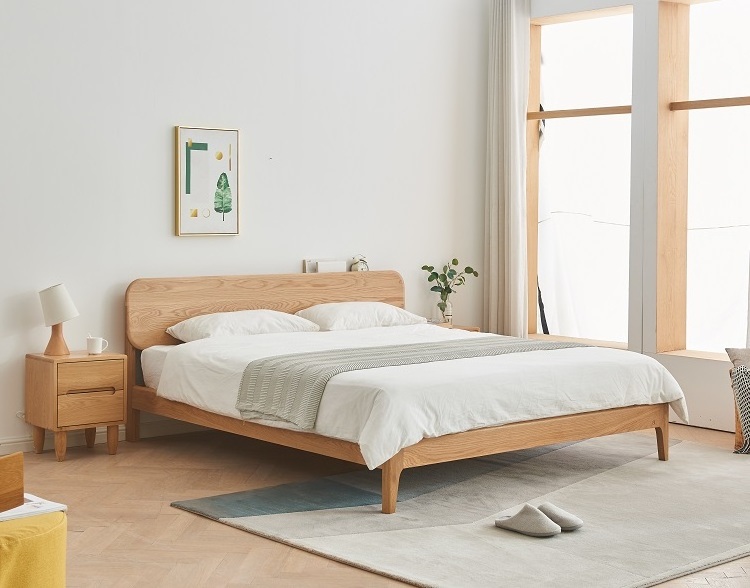 E7012 Nordic style solid OAK wood bedroom furniture with wooden headboard Queen&King size bed frame