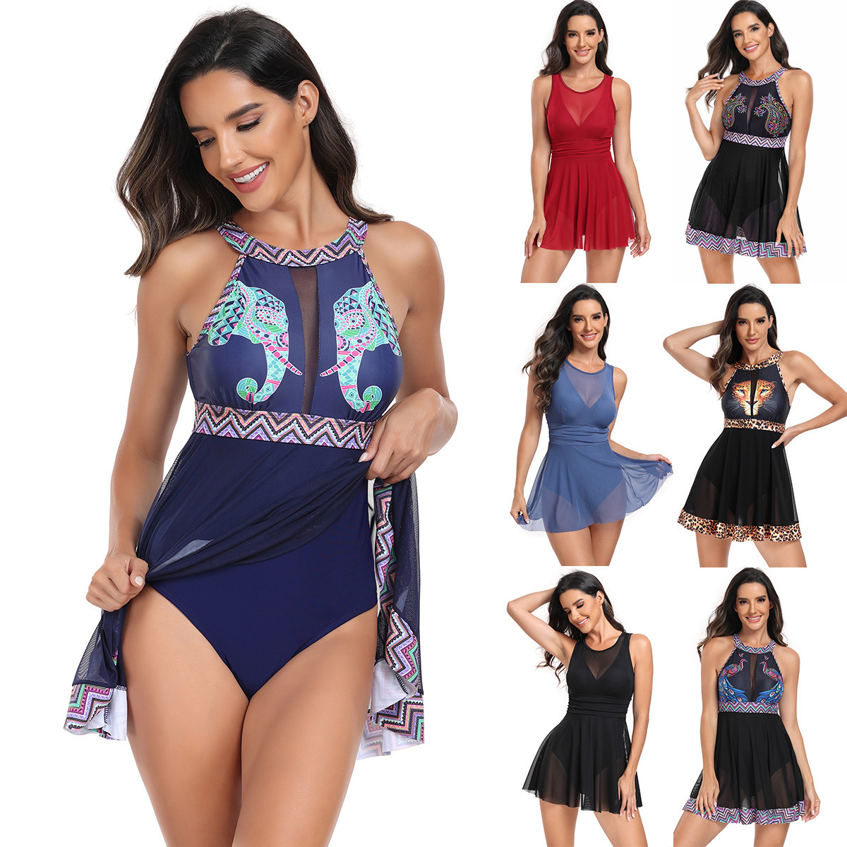 Wholesale Women One Piece Plus Size Swimdress Skirted Mesh Ruched Swimsuit Tummy Control Swimwear Bathing Suits