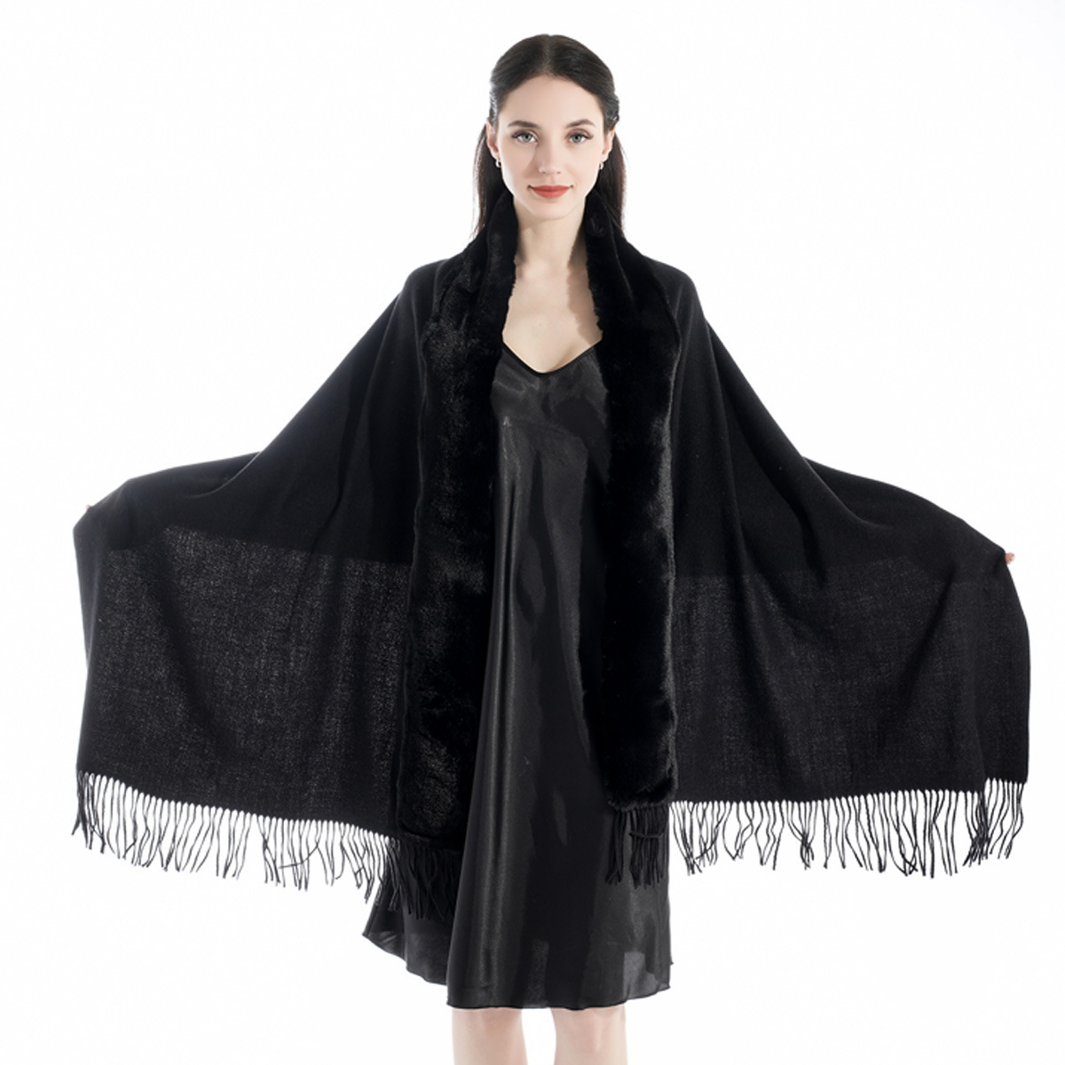 Fleece Blanket Sweater Long Sleeve Warm Shawl Scarf Cashmere Feeling Shawl With Fur Collar