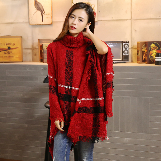 Fashionable High-necked Plaid Loose Bat Sleeves Irregular Knit Sweater Fringe Cape Shawl Poncho