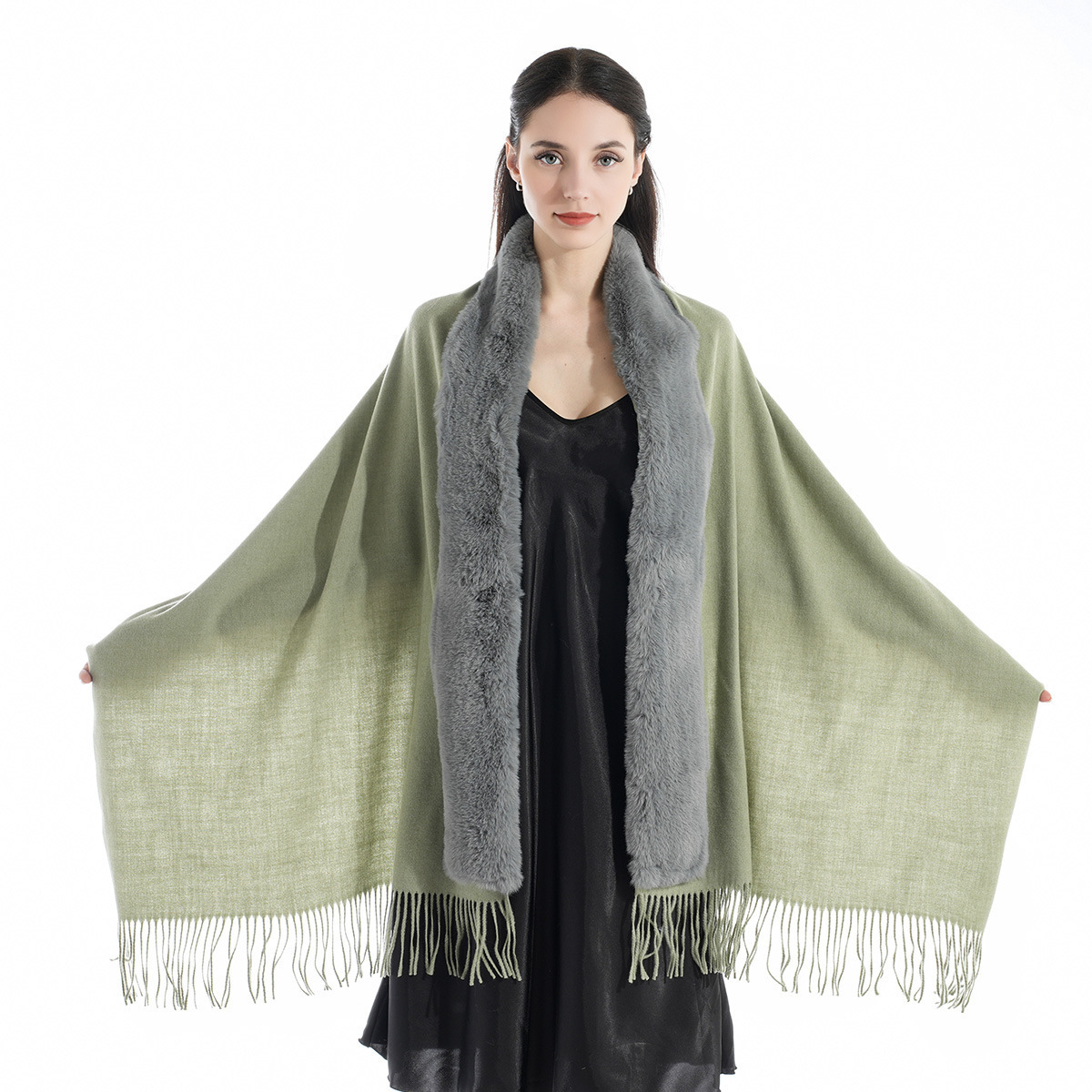 Fleece Blanket Sweater Long Sleeve Warm Shawl Scarf Cashmere Feeling Shawl With Fur Collar