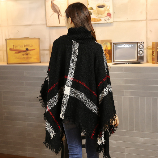 Fashionable High-necked Plaid Loose Bat Sleeves Irregular Knit Sweater Fringe Cape Shawl Poncho