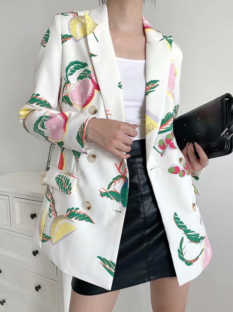 New Arrival Korean Fruits Print Casual Office Wear Long Sleeve Blazer For Women