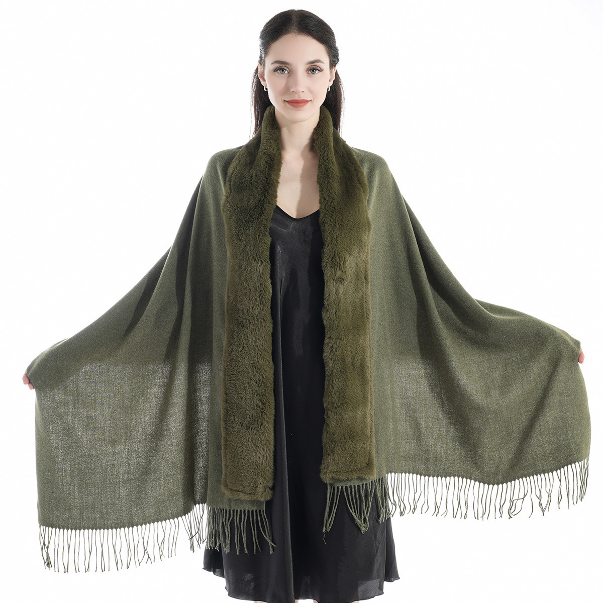 Fleece Blanket Sweater Long Sleeve Warm Shawl Scarf Cashmere Feeling Shawl With Fur Collar