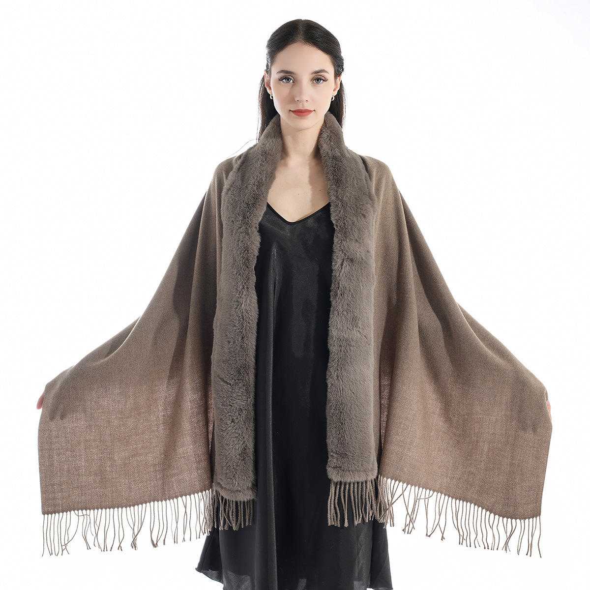 Fleece Blanket Sweater Long Sleeve Warm Shawl Scarf Cashmere Feeling Shawl With Fur Collar