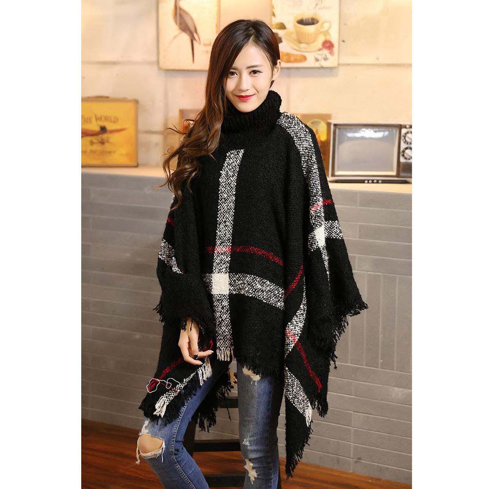 Fashionable High-necked Plaid Loose Bat Sleeves Irregular Knit Sweater Fringe Cape Shawl Poncho