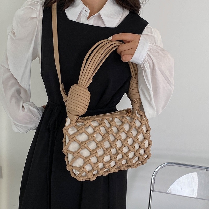 2023 Woven Hollow Out Fashion Shoulder Handbag Women Handmade Crochet Bags Crossbody Bags Knotted Noodle Handle Knitting Purse