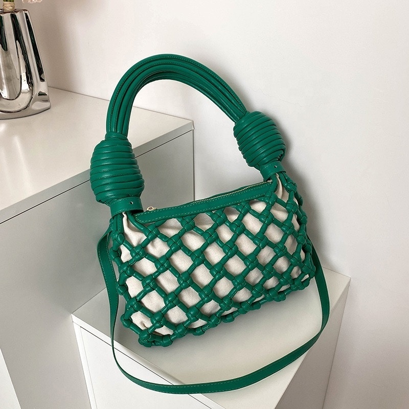 2023 Woven Hollow Out Fashion Shoulder Handbag Women Handmade Crochet Bags Crossbody Bags Knotted Noodle Handle Knitting Purse