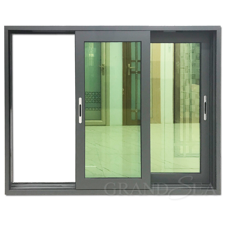 factory price tempered glazed aluminium frame three rail sand grey color sliding windows