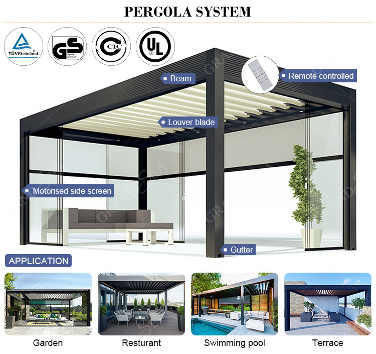 Strong Winds Pavilion 3x3 5x4 5x5 RGB Grey Bois Bioclimat Gazebos Pergola Bioclimatique Aluminium