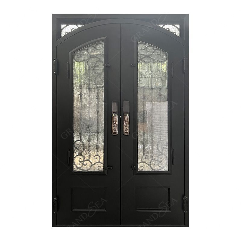 House modern exterior security metal steel double open wrought iron front entry doors with intelligent smart lock