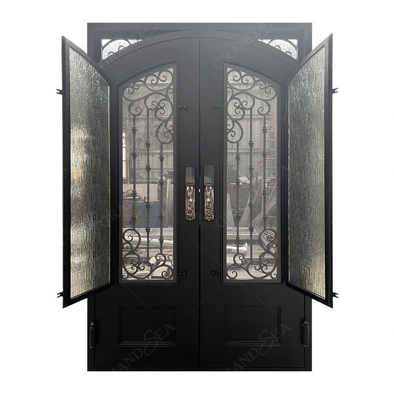 House modern exterior security metal steel double open wrought iron front entry doors with intelligent smart lock