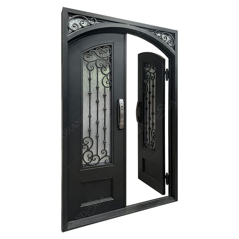 House modern exterior security metal steel double open wrought iron front entry doors with intelligent smart lock