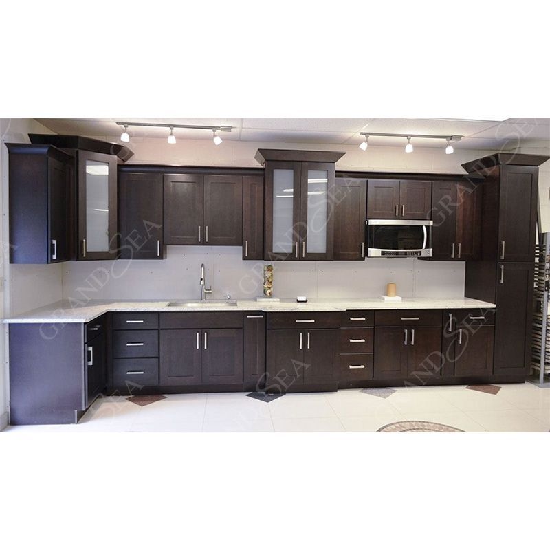 Grandsea New Kitchen Cabinets Solid Wood Black Kitchen  Marble or Quartz Countertop with Island Modern Designs Kitchen Cabinets