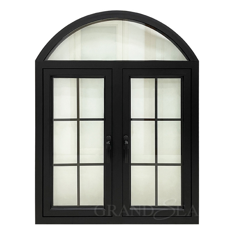 Aluminum black color french top arch window double glazed grill design