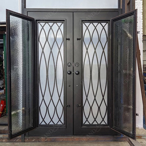 Retro Villa Main Entry Door Exterior Rustic Arch Decorative Grille Double Wrought Iron Entrance Front Doors